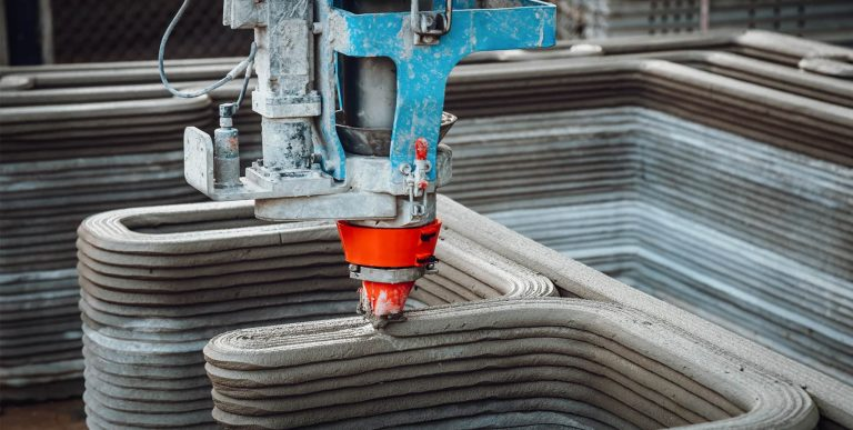 3D concrete printer working, extruding layers of concrete to build structures
